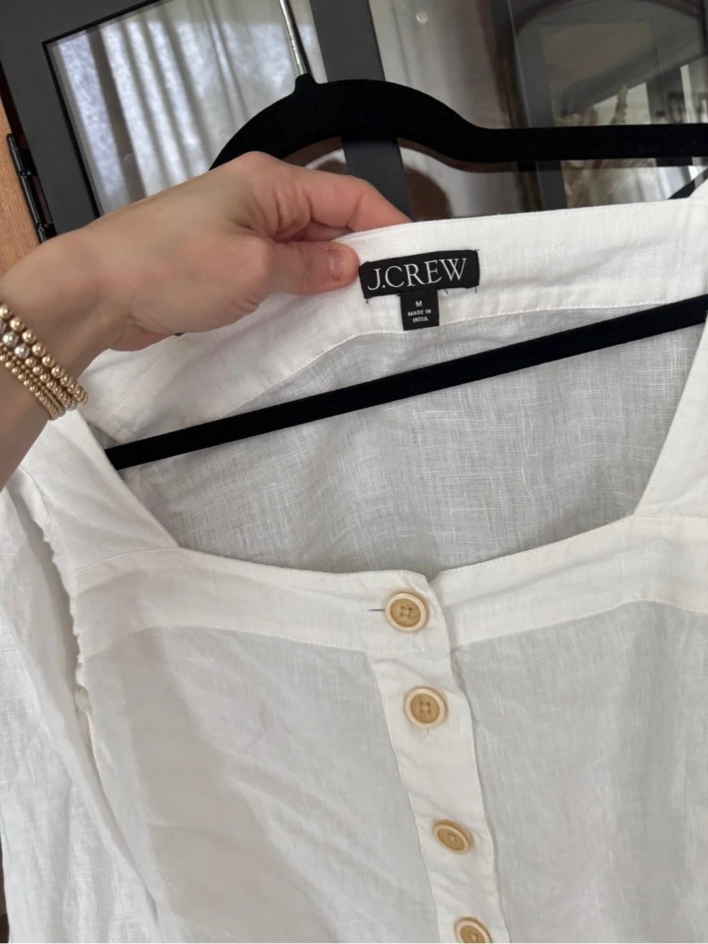 J. Crew linen top Squareneck button-up blouse puff long sleeve neutral